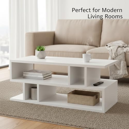 Image of FURLAY Zentro White Coffee Table for Living Room, Modern Engineered Wood Center Table with Multi-Level Open Storage Shelves, 90 x 40 x 40 cm (FWCT2-White)