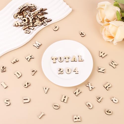 204 Stück Holzbuchstaben Holzzahlen Set, 104 Buchstaben Holz (A-Z) und 100 Zahlen Holz (0-9), 15mm Klein Holzbuchstaben zum Basteln Frühes Lernen Scrabble Schule Dekoration