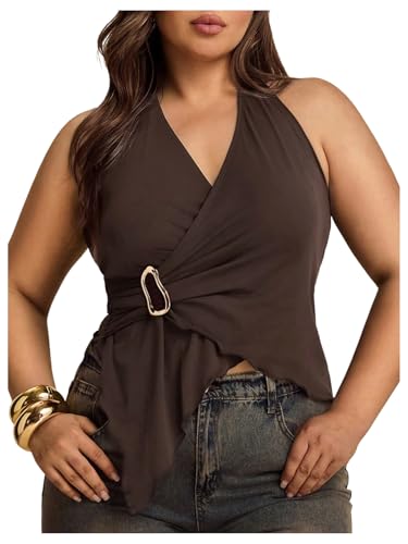 Floerns Camiseta sin mangas con anillo de metal para mujer, talla grande, dobladillo asimétrico, Y2k, Marrón, XL Más