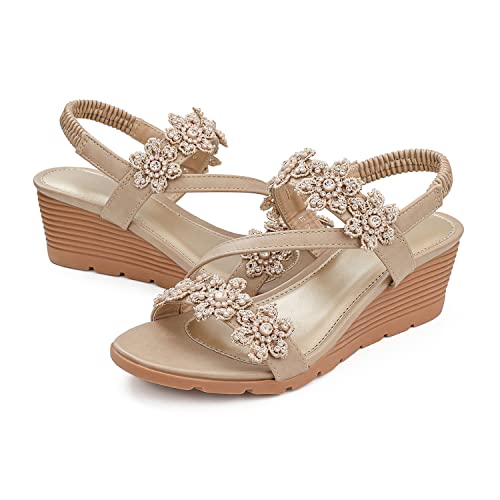 Shibever Wedge Sandals For Women Bohemia Elastic Ankle Strap Sandals Open Toe Flower Rhinestone Summer Platform Shoes Sandal Beige 7 #TOP5