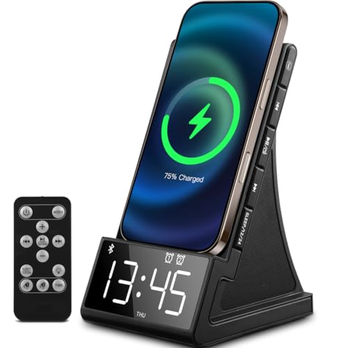 DPNAO 8-in-1 Wireless Charging Station with Bluetooth Speaker, Alarm Clock,FM Radio,Remote Control,Fast Charging Dock Compatible with iPhone 17/16/15/14, Samsung S25/S24,Android Phones