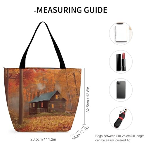 Women Tote Bags with Handles Autumn Woods Cabin Shoulder Bag with Zipper Handbags Shopping Bags Travel Bag Beach Bag Reusable Grocery Bag for Swim Holiday Gift2