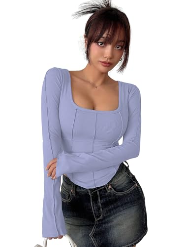 Image of Sugathari Women's Black Solid Long Sleeve Wrap-Style Square Split Crew Neck Bodycon Women T-Shirt Spring and Summer Top, Minimalist and Fashionable for Everyday Casual Wear Tops (T-Shirt 181)