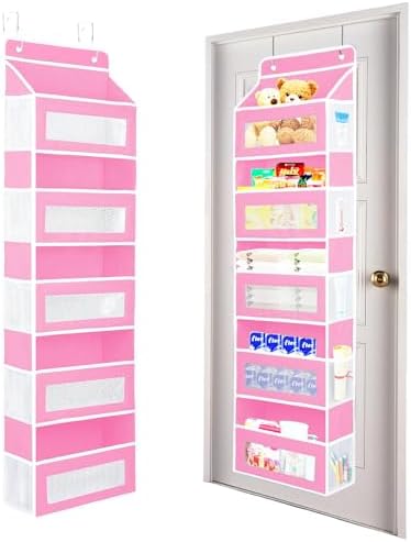 2 Pack Over the Door Organizer Storage, 5 Shelf Hanging Organizer with 5 Large Capacity Pockets, Anti Tilt 44 lb Load Behind Door Storage for Bedroom, Bathroom, Pantry, Nursery, (Pink)
