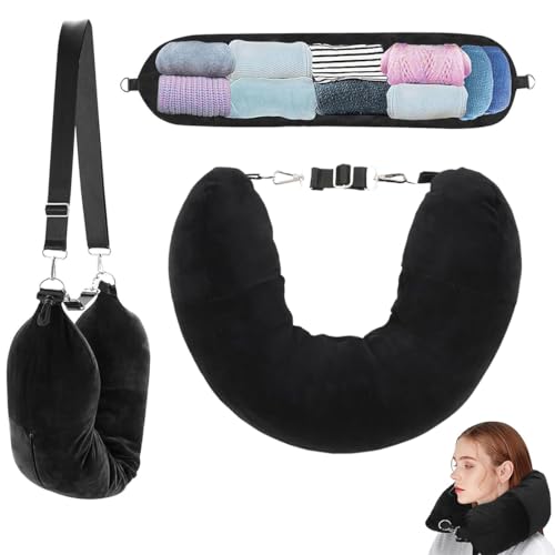 HAMKU Almohada de viaje, Cojin viaje cuello, Almohada Viaje Rellenable Ropa,Terciopelo de Cristal Almohada Avion,MultifuncióN Portátil Cuello Viaje,con Bandolera Desmontable (Negro)