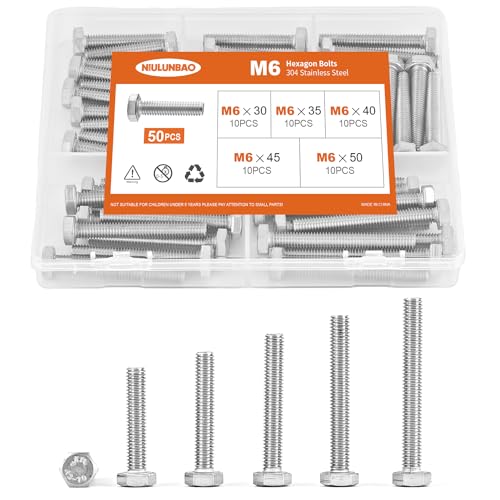 Image of M6 x 30mm 35mm 40mm 45mm 50mm Heavy Duty Hexagon Bolts Hex Head Screws, 304 Stainless Steel, Metric, Machine Fully Thread, Bright Finish, Assortment Kit 50PCS