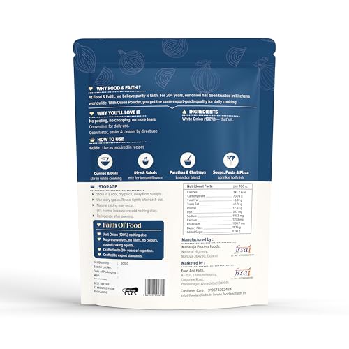 Image of Food & Faith White Onion Powder 200g - Pure Dehydrated white pyaz Powder | Strong Aroma & Instant Flavor | Ready to Use Cooking Seasoning | No Preservatives, Additives or Fillers