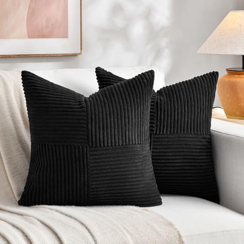 Image of Fancy Homi 2 Packs Black Decorative Throw Pillow Covers 22x22 Inch for Living Room Couch Bed Sofa, Rustic Farmhouse Boho Home Decor, Soft Corss Corduroy Patchwork Accent Square Cushion Case 55x55 cm