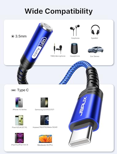 Image of USB Type C to 3.5mm Female Headphone Jack Adapter, JSAUX USB C to Aux Audio Dongle Cable Cord Compatible with iPhone 15 Pro Max /15 Pro /15 Plus, Samsung Galaxy S23 /S22 /S21 Ultra, iPad Pro, Pixel (Blue)