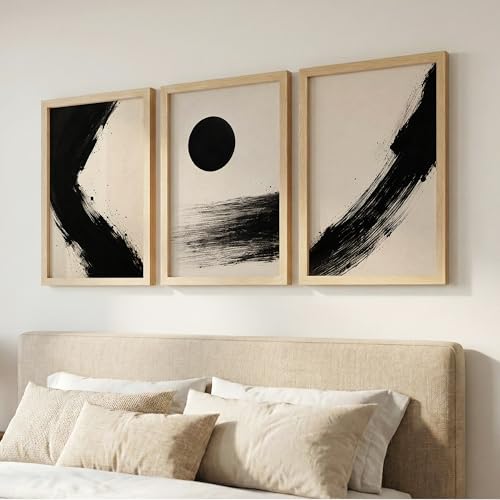 Image of TheMakerly Set of 3 Abstract Black White Wall Art Paintings for Living Room | Modern Minimalist Wall Decor | Neutral Contemporary Wall Paintings for Bedroom, Office, Hall & Home Decoration (13x19 Inches)
