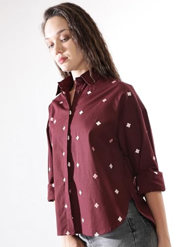 Image of High Star Women Embroidered Oversized Spread Collar Long Sleeves Shirts