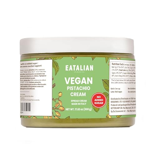 Image of EATALIAN by AMZ BETTER Vegan Pistachio Cream Sugar Free, 17.63 oz / 500 gr, Delicious sugar free vegan spread, ideal on bread, perfect with ice cream, Excellent for Dubai Chocolate, Made in Italy