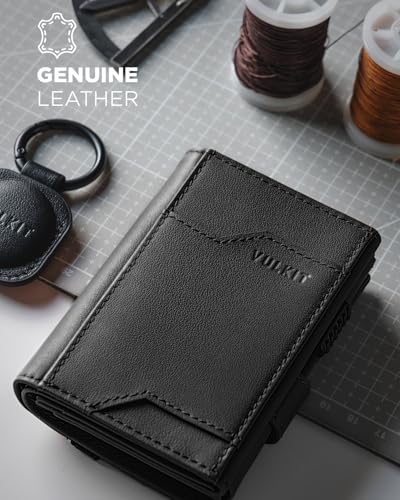 Image of VULKIT Airtag Wallet with Keyring Mens Pop up Credit Card Wallet with Air Tag Holder Trifold ID Window RFID Blocking, Top Grain Cowhide Black, Minimalist
