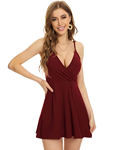 Image of MadHeart Womens V Neck Sexy Backless Dress Adjustable Spaghetti Strap Short Wrap Dress