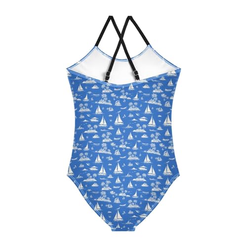 JUNZAN Tropical Sailboats Blue Girls 1 Piecing Swimsuit Kids Bathing Suits Swimming Suits2