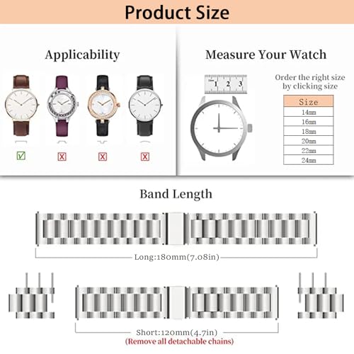 Image of Quick Release Stainless Steel Watch Band Matte Brushed Metal Watchband 14mm 16mm 18mm 20mm 22mm 24mm Universal Solid Stainless Steel Metal Smartwatch Bracelet Replacement Band for Men Women