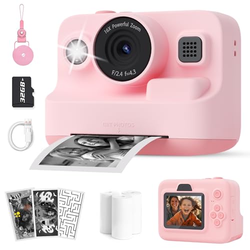 Kinder Sofortbildkamera 1080P Mit 2,4" Display & Drucker - Rosa Digitalkamera Mit 32GB Karte