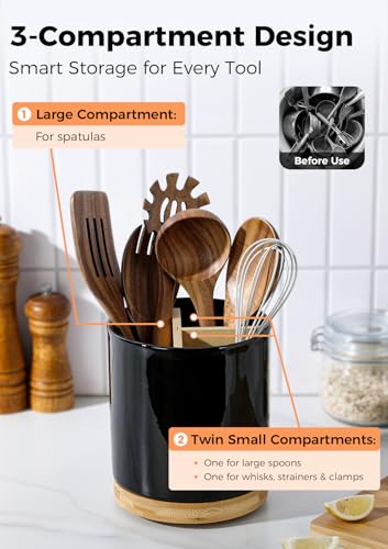 Image of LoeJan 3 Compartment Utensil Holder, Extra Large Utensil Crock, Stable Ceramic Utensil Organizer, Cooking Tool Organizer Set for Kitchen Counter Farmhouse Decor (D-Black(Grossy))