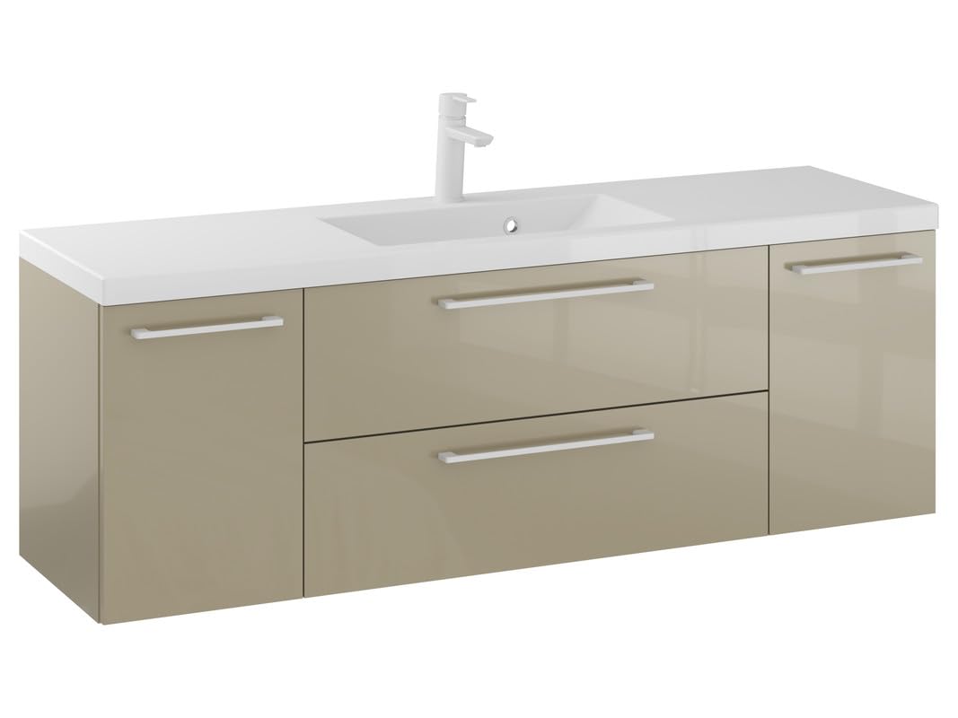 Rosen 140 cm Hängeschrank mit Waschbecken in Cappuccino Hochglanz und Mattweißen Griffen - Stilvolle Eleganz für das Badezimmer