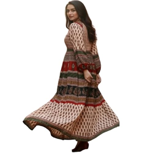 Image of Women's Cotton Dress Jaipuri Sanganeri Print Midi Long Dress Printed Fit and Flare Maxi Dress A-Line Gown Dress Maxi Skirt, Mandala (Free Size)