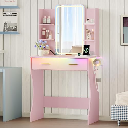 Image of Xixini Vanity Desk with LED Lights Mirror & Power Outlet, Small Makeup Vanity Table Set with Storage Drawers, 3 Lighting Modes & Adjustable Brightness, Dressing Table for Women Girls Bedroom, Pink