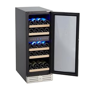 Towallmark 29 Bottle Wine Cooler Refrigerator, 15” Dual Zone Seamless Stainless Steel Built-in Freestanding Wine Fridge, Double-Layer Tempered G lass Door with Lock, Under Counter Wine Cellar