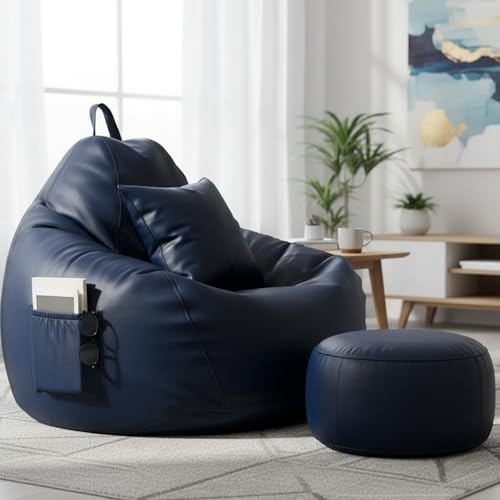 Image of KAM'S LIEU 5XL Bean Bag Combo with Footrest & Cushion | Filled with High Density EPS Beans | Comfortable Sofa for Living Room & Bedroom | 6 Months Warranty, Color- (Navy Blue, 5XL, Classic)