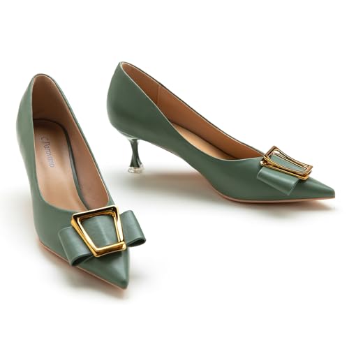 C.Paravano Women's Pumps I Pointed Toe Kitten Heels I Closed Toe Low Heel I Comfortable Dress Pump I Leather Wedding Shoes (Size 11.5,Green)