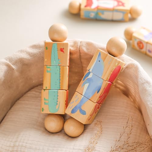 Image of Wooden Animal Puzzle Toy for Toddlers 1-3, Rotating Spin Twist Blocks Set of 2, Learning Educational Montessori Toy Gifts for Kids Boys Girls, Whale and Fox