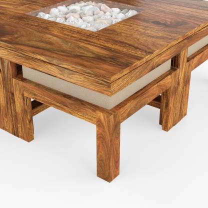 Image of Solid Sheesham Wood Coffee Table with Four Coushion Stool, Center, Teapoy, Sofa Side Table, Furniture for Living, Guest, Holl, Areas