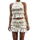 GOTHPICKUS Womens Y2K Boho Two Piece Skirt Set Pleated Ruffled Backless Sexy Crop Tank Tops Lace Up See Through Outfits (Beige,Medium)