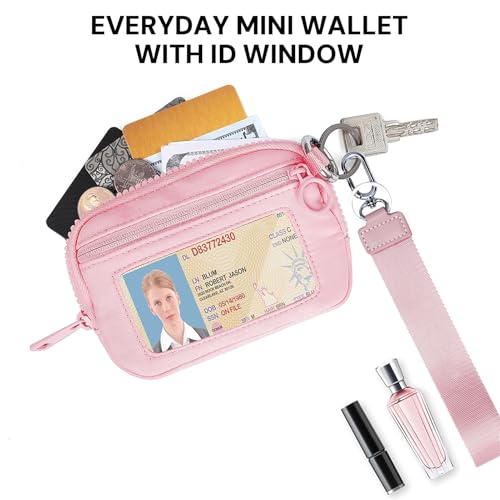 Image of Small Wristlet Wallets for Women with Clear ID Window, Keychain Coin Purse | Organized Interior with 3 Card Slots, Inner Mesh Pouch, Lipstick Holder, Metal Key Ring and Detachable Wrist Strap