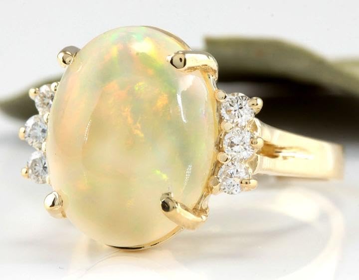 6.30 Carats Natural Impressive Ethiopian Opal and Diamond 14K Solid Yellow Gold Ring