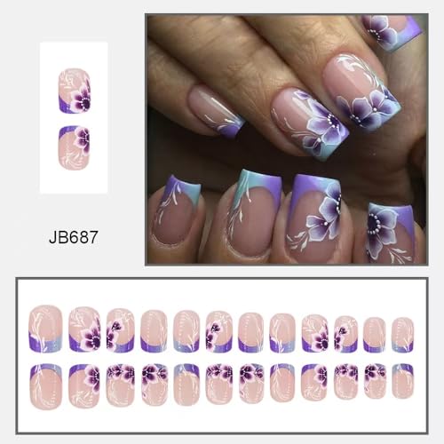 Image of French Tips Press on Nails Purple Flower Fake Nails with Ombre Design Glossy Glue on Nails Acrylic Full Cover Stick on Nails Short Square False Nails for Women Spring Manicure 24pcs