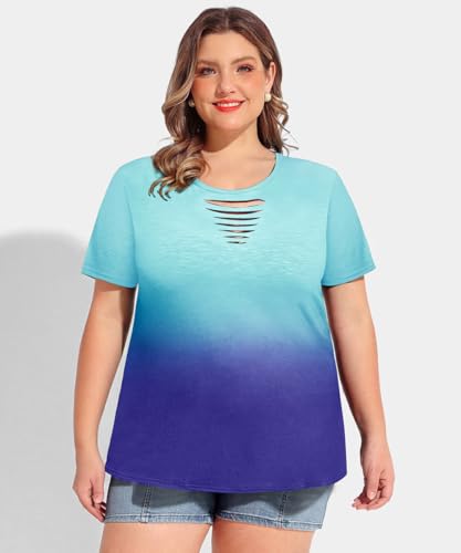 Image of CARCOS Plus Size Tops for Women Short Sleeve Shirts Basic Tee Solid Color Blouse V Neck Tunic Loose Fit Tshirts Summer XL-5XL