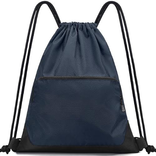 Drawstring Backpack Sports Gym Sackpack for Men Women,Patchwork Color Waterproof Drawstring Bag,Cinch Bag with 2 Zipper Pockets,String Backpack for Beach Basketball Football,Navy blue L