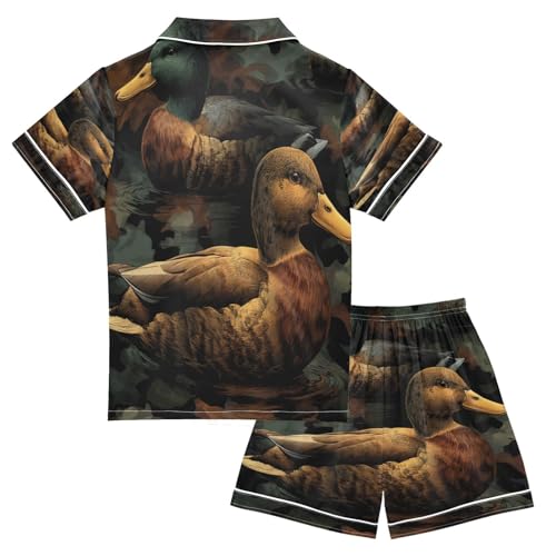 Satin Pajama Sets Short Sleeve Ducks Swimming Camouflage Button Down Silky Nightwear 2 Piece PJS 5-14Y2
