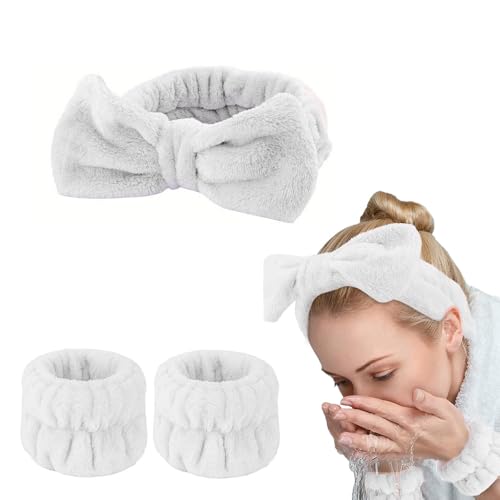 Kit de Spa para Cuidado Facial: Diadema Suave en Forma de Lazo y Muñequeras Absorbentes para Maquillaje y Tratamientos de Belleza, Ideal para Rutinas Diarias y Spa en Casa - Blanco