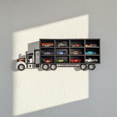 Image of Truck Shape Die Cast Car Display Shelf for 1:64 Scale Toy Cars | Wall Mounted MDF Storage Organizer | Personalized Name Option | 12 Slots, 20 Slots & Extension Add-On (Turbo Garage 12)