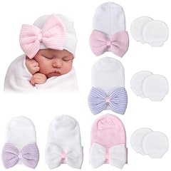 5 Double Layered Bow Hats + 3 Pairs Mittens / 0-6 Months