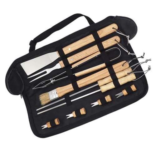 ifundom Juego de Utensilios para Barbacoa Reutilizables Portátil con Mango de Madera y Metal, 10 Piezas con Bolsa de Transporte para Picnic y Fiesta al Aire Libre