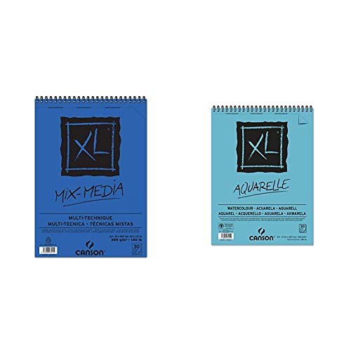 Canson Álbum Espiral Microperforado, A4, 30 Hojas, Xl Mix Media, Grano Texturado 300G + Spiral Microperforado, A4, 30 Hojas, Canson Xl Aquarelle, Grano Fino 300G
