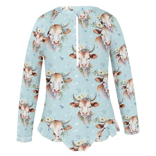 Cow Ox Animal Flowers Girls Long Sleeve Rashguard Swimsuit UV Protection One-Piece Swimwear Bathing Suit B04027722