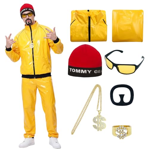 Antsparty Costume de rappeur Ali G des années 90 pour adulte, costume de coquillage jaune des années 90 et 80 avec collier, lunettes, barbe, déguisement pour...