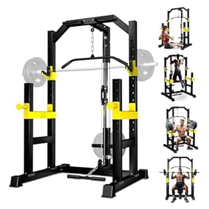 Power Rack, LAT Pulldown, Multi-Function Power Cage with Pulley System for Home Gym, Bench Press, Rowing, Pull-Down Pull-up Bar All in One Workout Cage