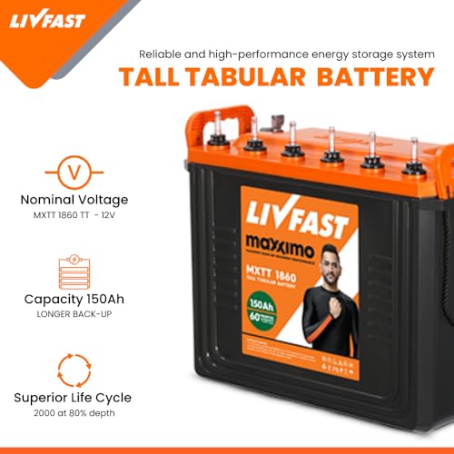 Image of Livfast Maxximo Tall Tubular High-Performance Battery MXTT 1860N | 150 Ah | 60 Months Warranty | Durable Backup Power for Home and Office, Long-Lasting Backup
