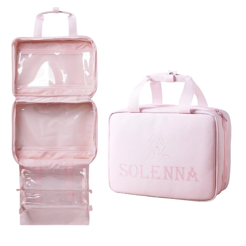 Solenna Pink Travel Toiletry Bag for Women Girls, Large Waterproof Leather Makeup Cosmetic Bag with 2 Removable Clear Bags, Portable Hanging Make Up Bag Bathroom Shower Toiletries Travel Organizer
