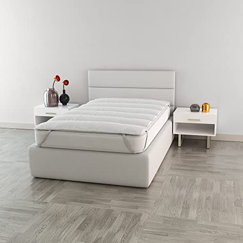Italian Bed Linen TO-ELL-BLANCO-1PM Elegante Topper Acolchado con Bandas de Goma, 120x195cm, Blanco, Microfibra, 120 x 195 cm