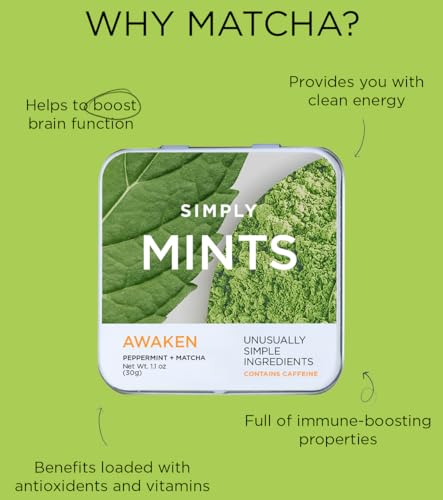 SIMPLY MINTS Caffeinated Natural Peppermint +Matcha Breath Mints, 6 Pack (180 Pieces), Natural Caffeine From Matcha For Energy and Focus | Aspartame-Free, Sorbitol-Free, Xylitol-Free, Vegan, Kosher, Non-GMO