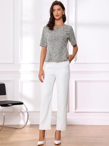 Allegra K Tweed Top for Women's Round Neck Short Sleeve Pullover Work Office Blouse4